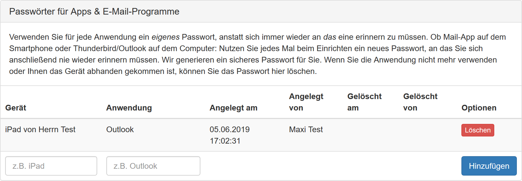 Ansicht von Application Passwords im Kundenmenü