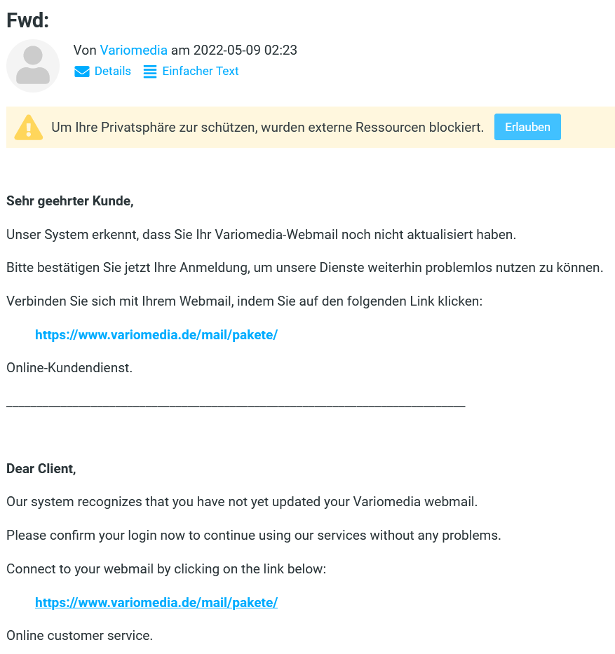 Phishing-Mail, die an Variomedia-Kunden geschickt wurde
