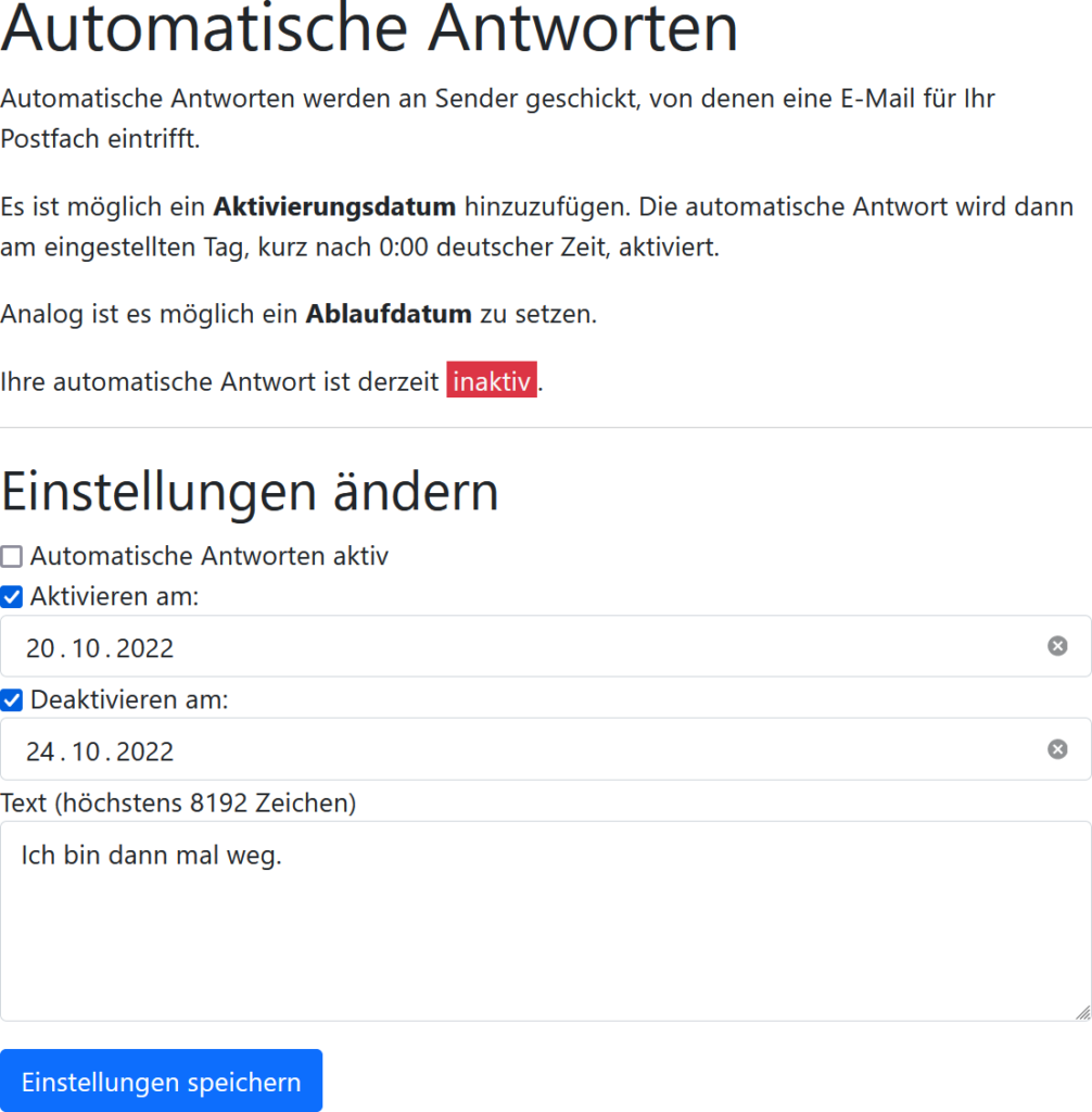 Einrichtung eines Autoresponders mit Start- und Ablaufdatum in der E-Mail-Konfiguration 